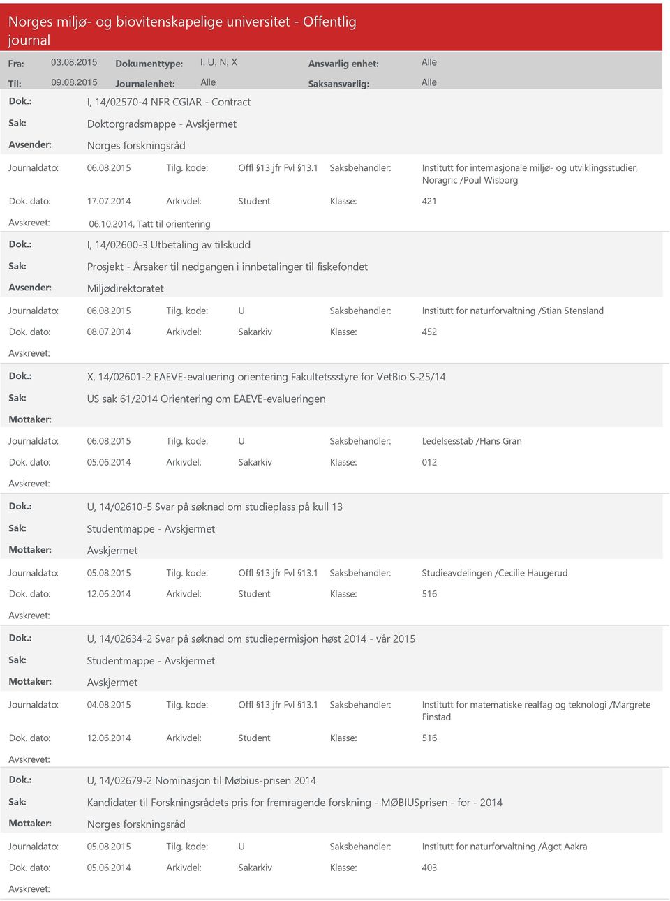 2014, Tatt til orientering I, 14/02600-3 tbetaling av tilskudd Prosjekt - Årsaker til nedgangen i innbetalinger til fiskefondet Miljødirektoratet Institutt for naturforvaltning /Stian Stensland Dok.