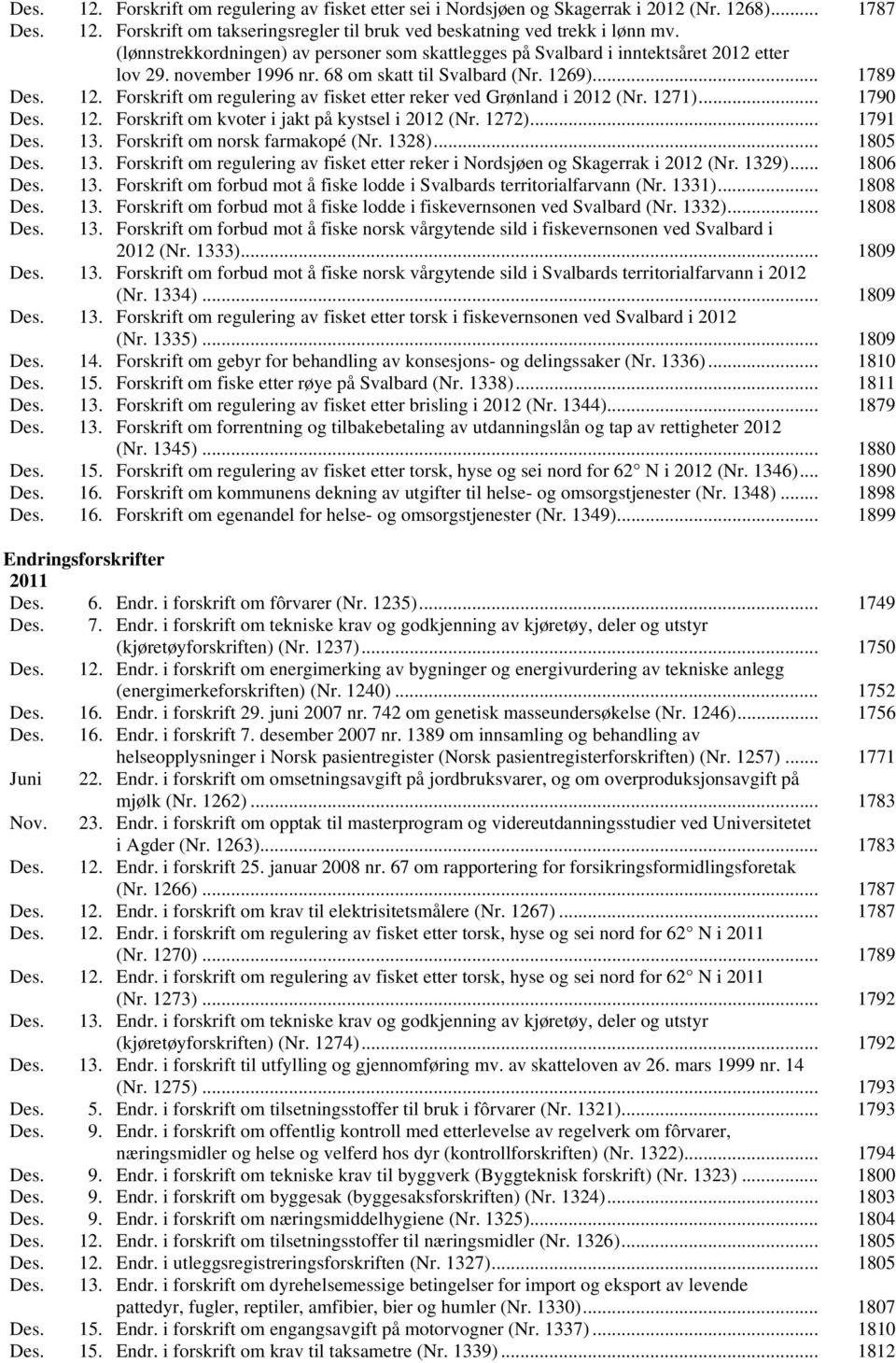 9)... 1789 Des. 12. Forskrift om regulering av fisket etter reker ved Grønland i 2012 (Nr. 1271)... 1790 Des. 12. Forskrift om kvoter i jakt på kystsel i 2012 (Nr. 1272)... 1791 Des. 13.