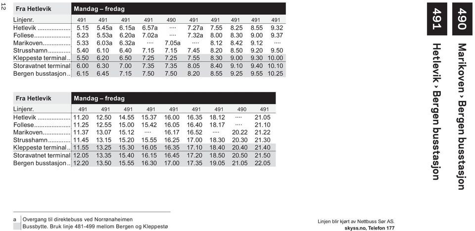 00 Storavatnet terminal 6.00 6.30 7.00 7.35 7.35 8.05 8.40 9.10 9.40 10.10 Bergen busstasjon... 6.15 6.45 7.15 7.50 7.50 8.20 8.55 9.25 9.55 10.25 Fra Hetlevik Mandag fredag Linjenr.