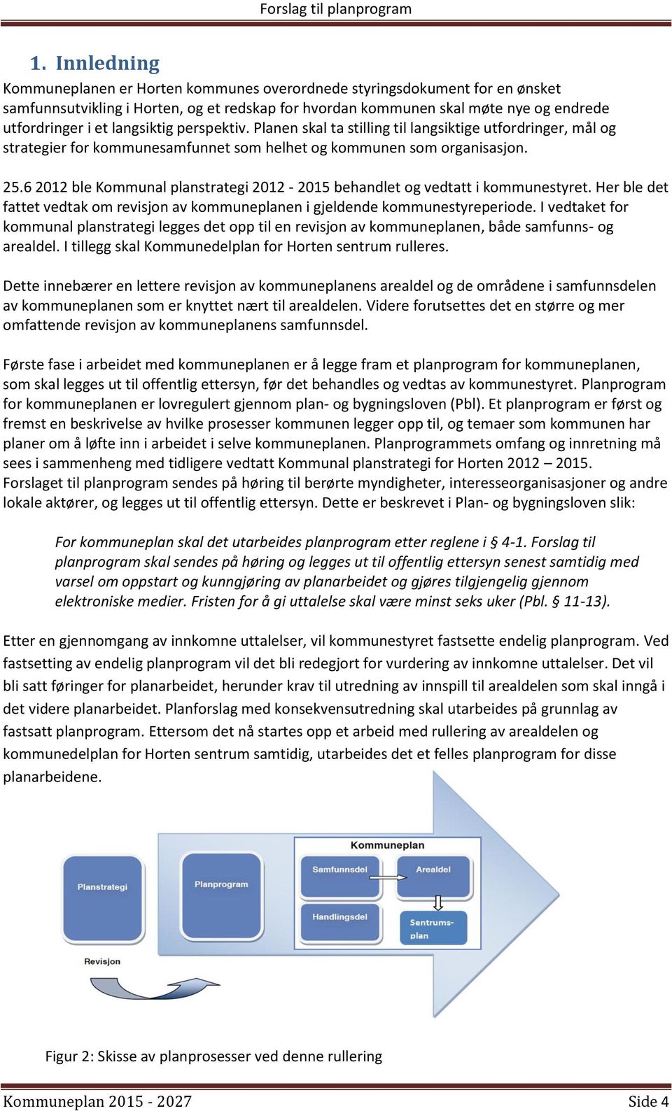 6 2012 ble Kommunal planstrategi 2012-2015 behandlet og vedtatt i kommunestyret. Her ble det fattet vedtak om revisjon av kommuneplanen i gjeldende kommunestyreperiode.