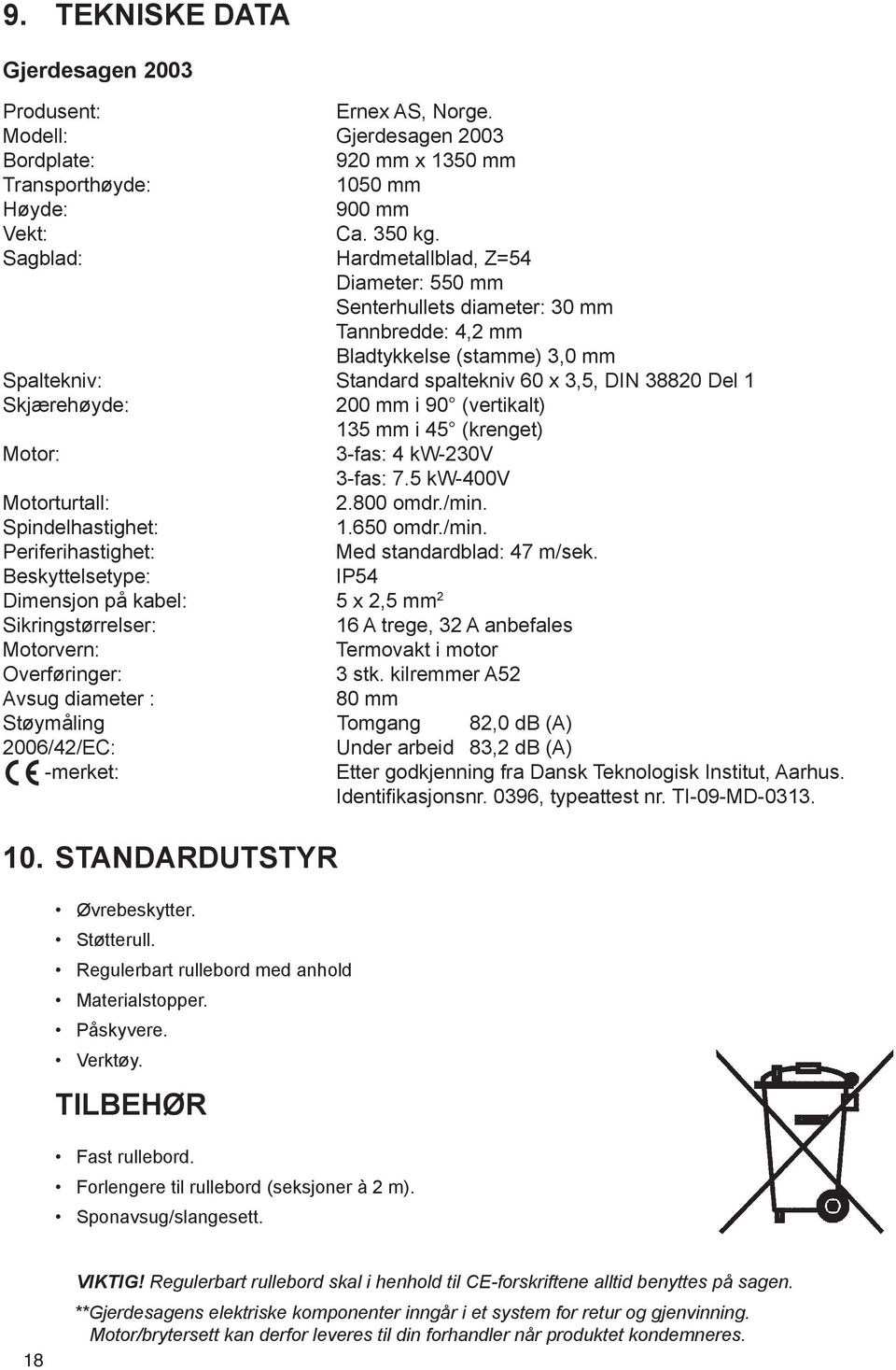 mm i 90 (vertikalt) 135 mm i 45 (krenget) Motor: 3-fas: 4 kw-230v 3-fas: 7.5 kw-400v Motorturtall: 2.800 omdr./min. Spindelhastighet: 1.650 omdr./min. Periferihastighet: Med standardblad: 47 m/sek.