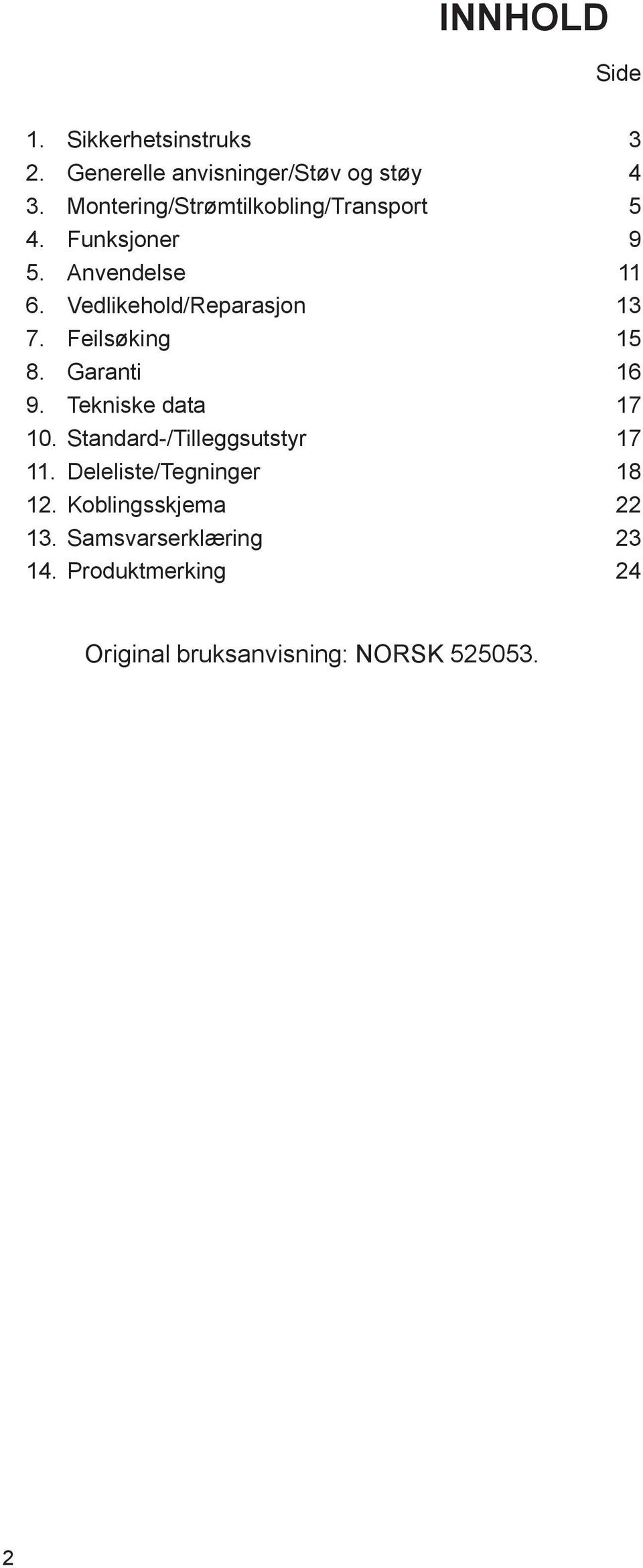 Vedlikehold/Reparasjon 13 7. Feilsøking 15 8. Garanti 16 9. Tekniske data 17 10.