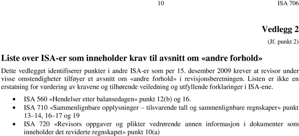 Listen er ikke en erstatning for vurdering av kravene og tilhørende veiledning og utfyllende forklaringer i ISA-ene. ISA 560 «Hendelser etter balansedagen» punkt 12(b) og 16.