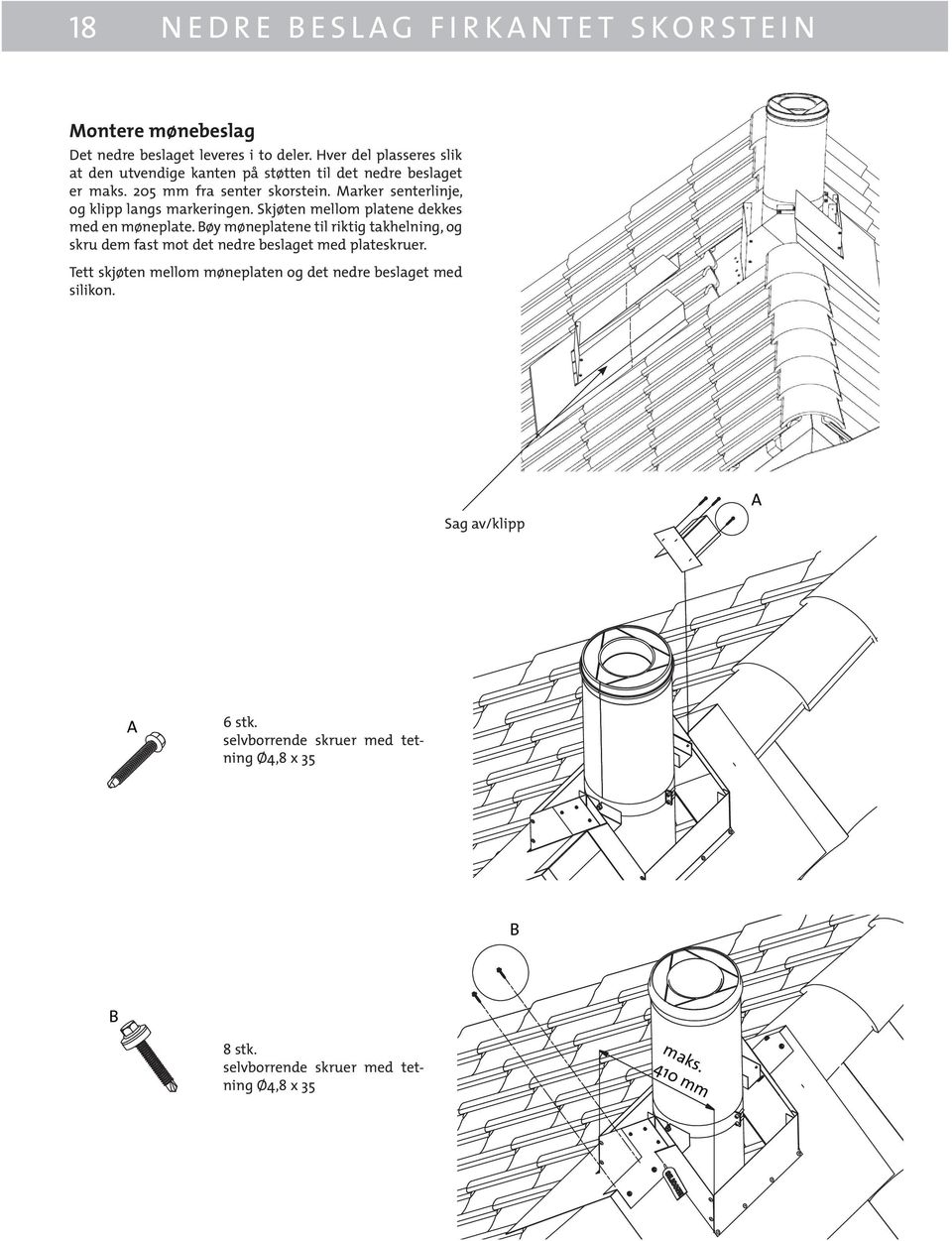 Marker senterlinje, og klipp langs markeringen. Skjøten mellom platene dekkes med en møneplate.