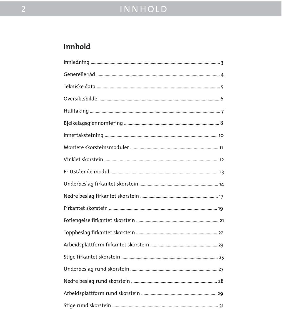 .. 17 Firkantet skorstein... 19 Forlengelse firkantet skorstein... 21 Toppbeslag firkantet skorstein... 22 rbeidsplattform firkantet skorstein.