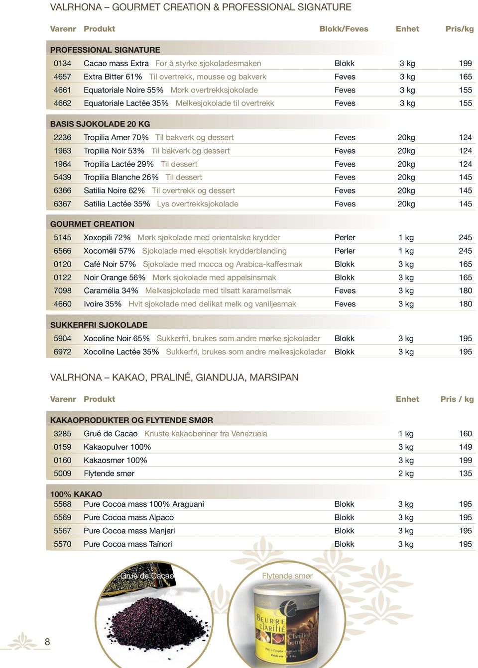 SJOKOLADE 20 KG 2236 Tropilia Amer 70% Til bakverk og dessert Feves 20kg 124 1963 Tropilia Noir 53% Til bakverk og dessert Feves 20kg 124 1964 Tropilia Lactée 29% Til dessert Feves 20kg 124 5439