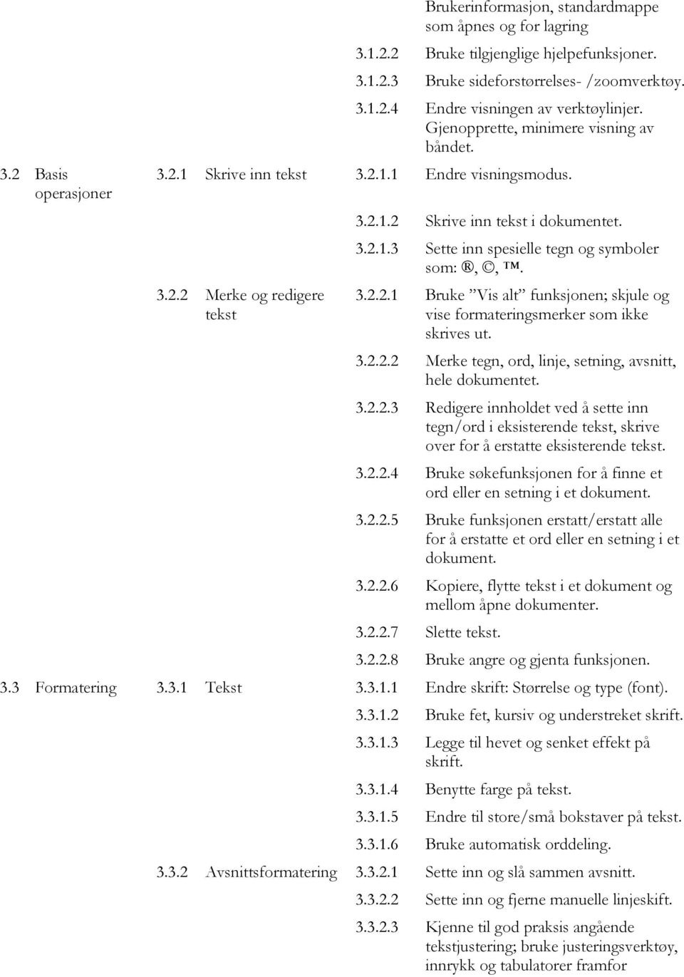 3.2.2.1 Bruke Vis alt funksjonen; skjule og vise formateringsmerker som ikke skrives ut. 3.2.2.2 Merke tegn, ord, linje, setning, avsnitt, hele dokumentet. 3.2.2.3 Redigere innholdet ved å sette inn tegn/ord i eksisterende tekst, skrive over for å erstatte eksisterende tekst.