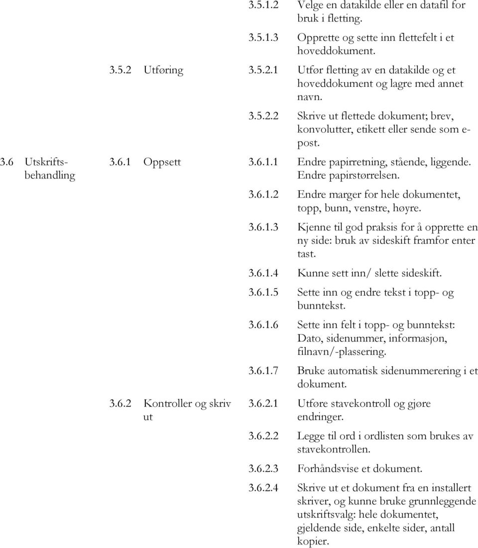 6.1.2 Endre marger for hele dokumentet, topp, bunn, venstre, høyre. 3.6.1.3 Kjenne til god praksis for å opprette en ny side: bruk av sideskift framfor enter tast. 3.6.1.4 Kunne sett inn/ slette sideskift.