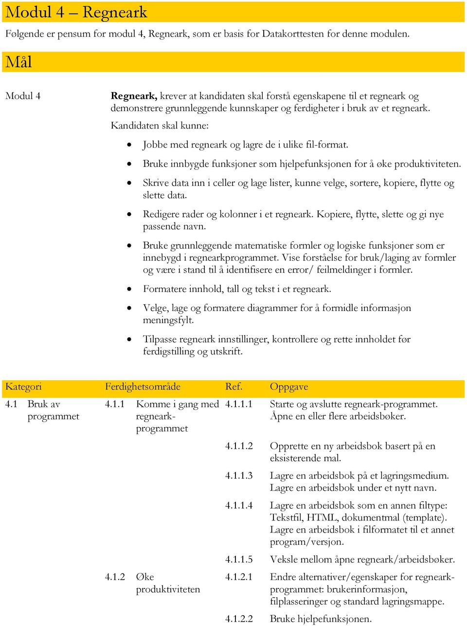 Kandidaten skal kunne: Jobbe med regneark og lagre de i ulike fil-format. Bruke innbygde funksjoner som hjelpefunksjonen for å øke produktiviteten.