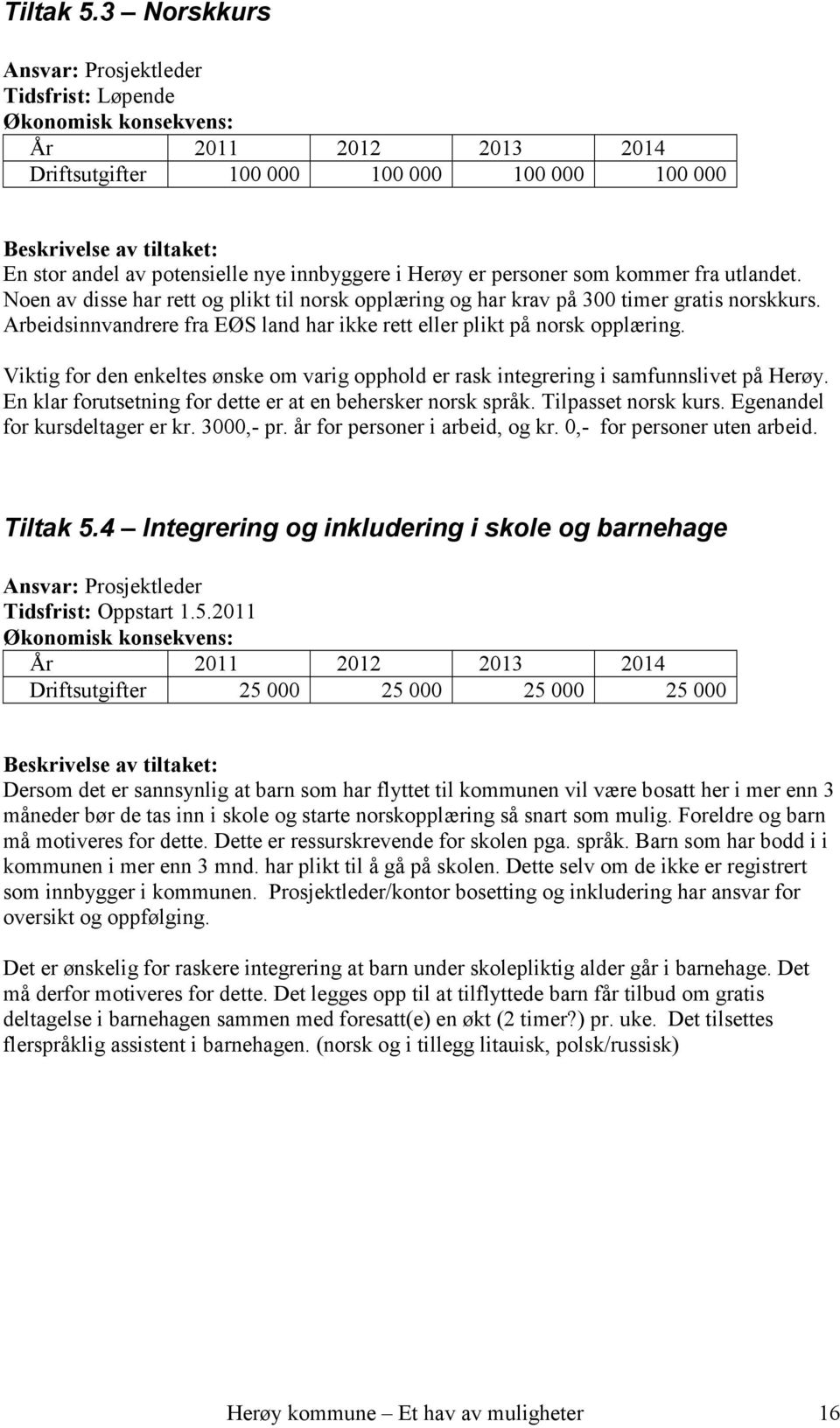 Viktig for den enkeltes ønske om varig opphold er rask integrering i samfunnslivet på Herøy. En klar forutsetning for dette er at en behersker norsk språk. Tilpasset norsk kurs.