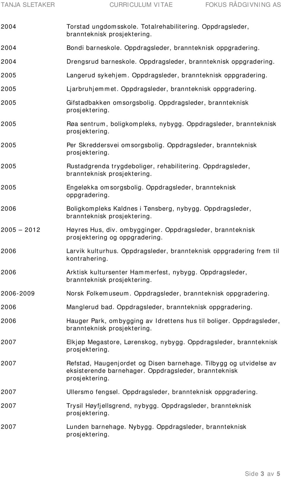 Oppdragsleder, brannteknisk 2005 Røa sentrum, boligkompleks, nybygg. Oppdragsleder, brannteknisk 2005 Per Skreddersvei omsorgsbolig.