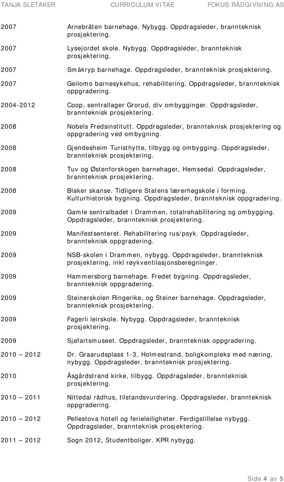 Oppdragsleder, brannteknisk 2008 Nobels Fredsinstitutt. Oppdragsleder, brannteknisk prosjektering og oppgradering ved ombygning. 2008 Gjendesheim Turisthytte, tilbygg og ombygging.