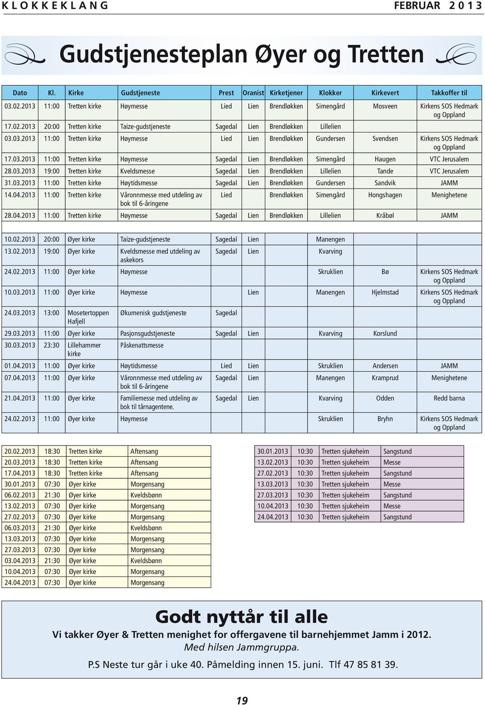 03.2013 11:00 Tretten kirke Høymesse Lied Lien Brendløkken Gundersen Svendsen Kirkens SOS Hedmark og Oppland 17.03.2013 11:00 Tretten kirke Høymesse Sagedal Lien Brendløkken Simengård Haugen VTC Jerusalem 28.