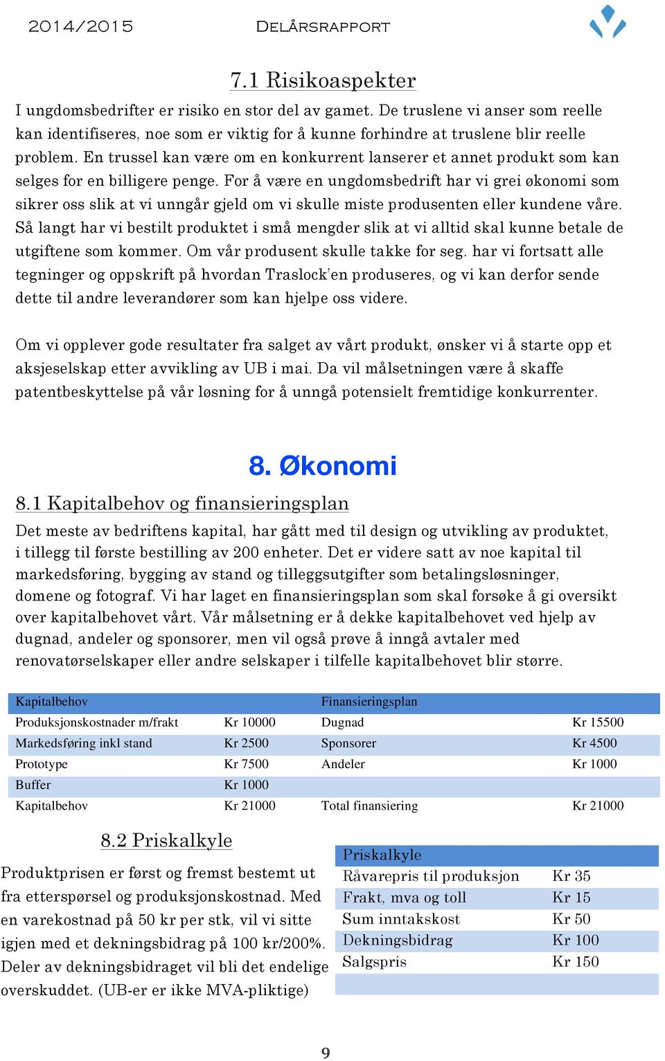 For å være en ungdomsbedrift har vi grei økonomi som sikrer oss slik at vi unngår gjeld om vi skulle miste produsenten eller kundene våre.