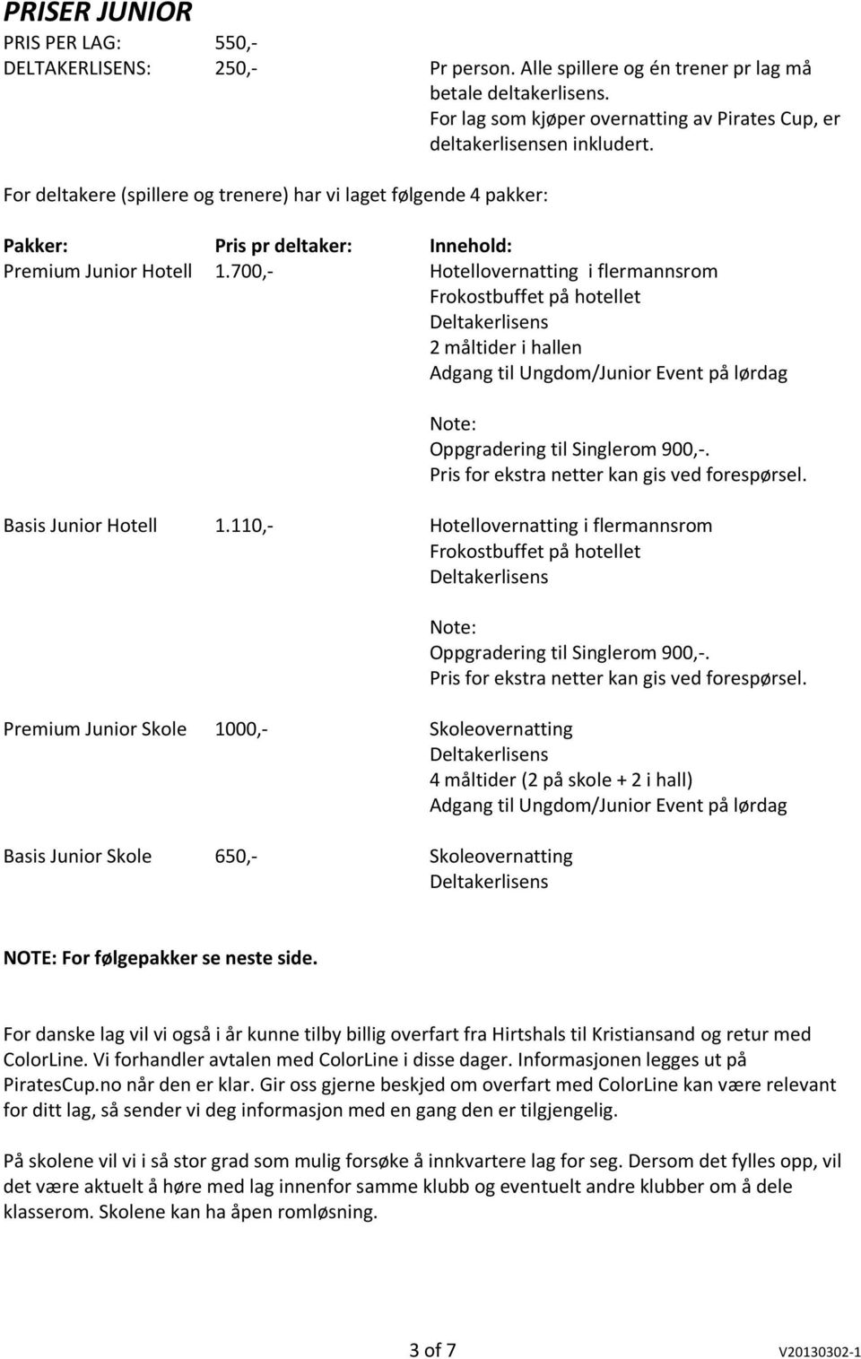 For deltakere (spillere og trenere) har vi laget følgende 4 pakker: Pakker: Pris pr deltaker: Innehold: Premium Junior Hotell 1.