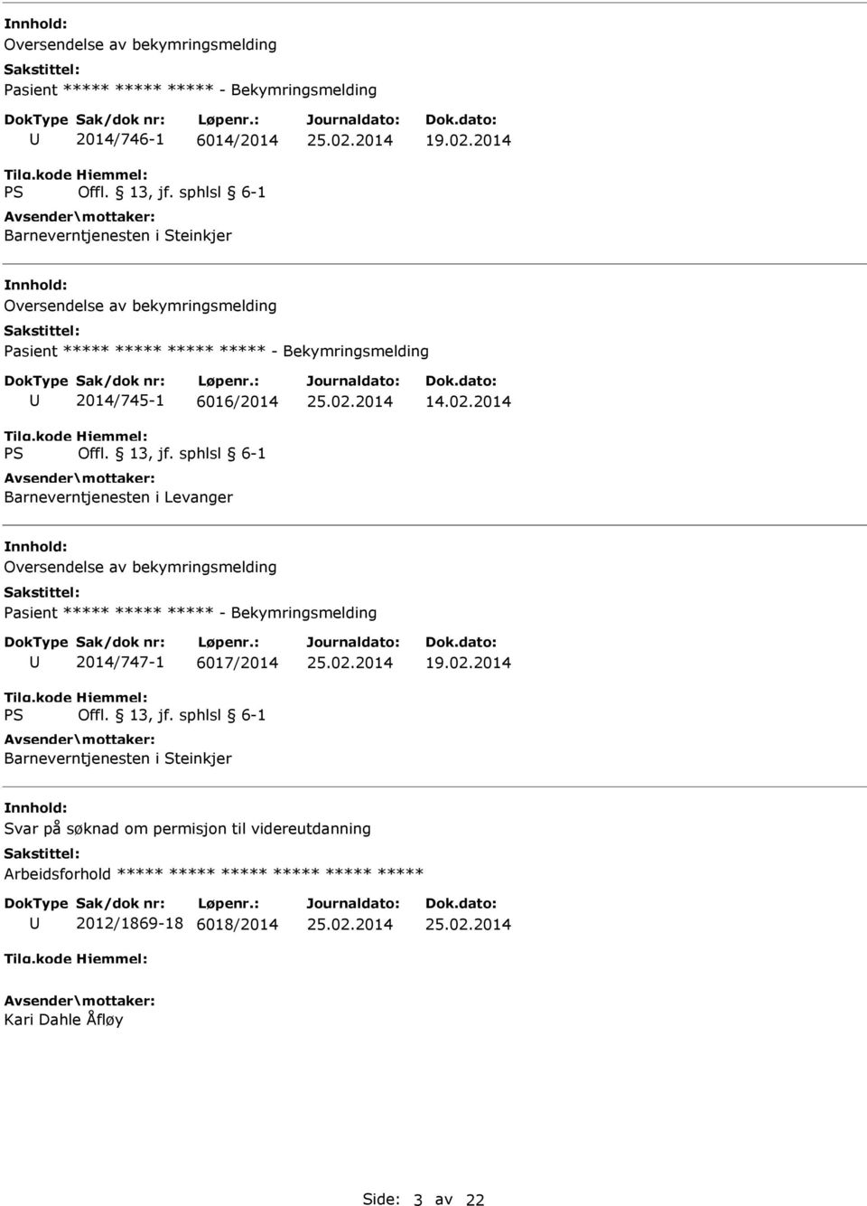 2014 Oversendelse av bekymringsmelding Pasient ***** ***** ***** ***** - Bekymringsmelding 2014/745-1 6016/2014 Barneverntjenesten i