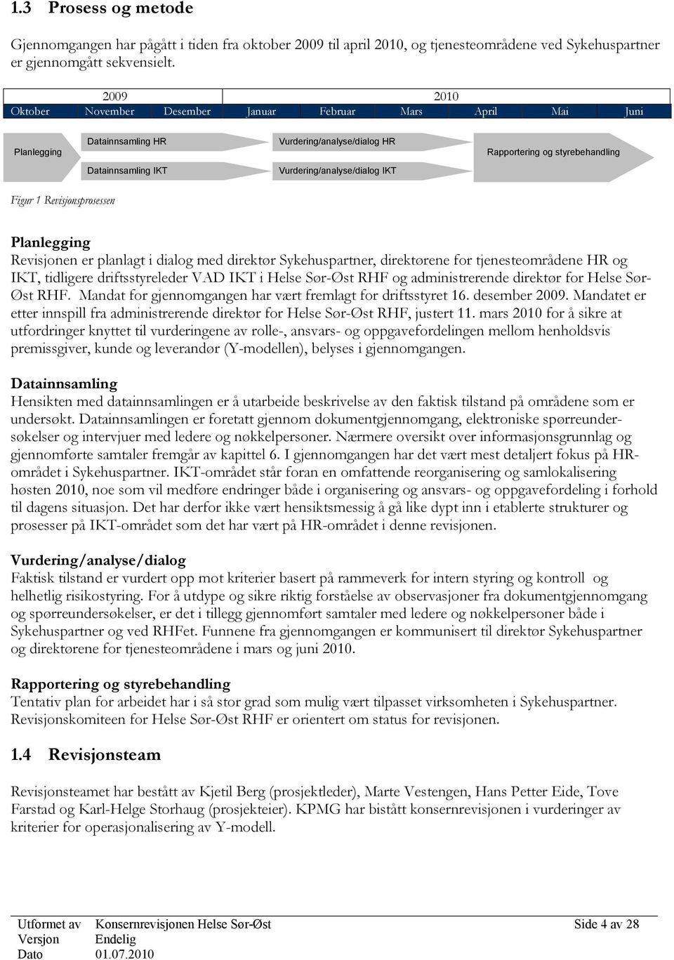 Vurdering/analyse/dialog IKT Figur 1 Revisjonsprosessen Planlegging Revisjonen er planlagt i dialog med direktør Sykehuspartner, direktørene for tjenesteområdene HR og IKT, tidligere driftsstyreleder