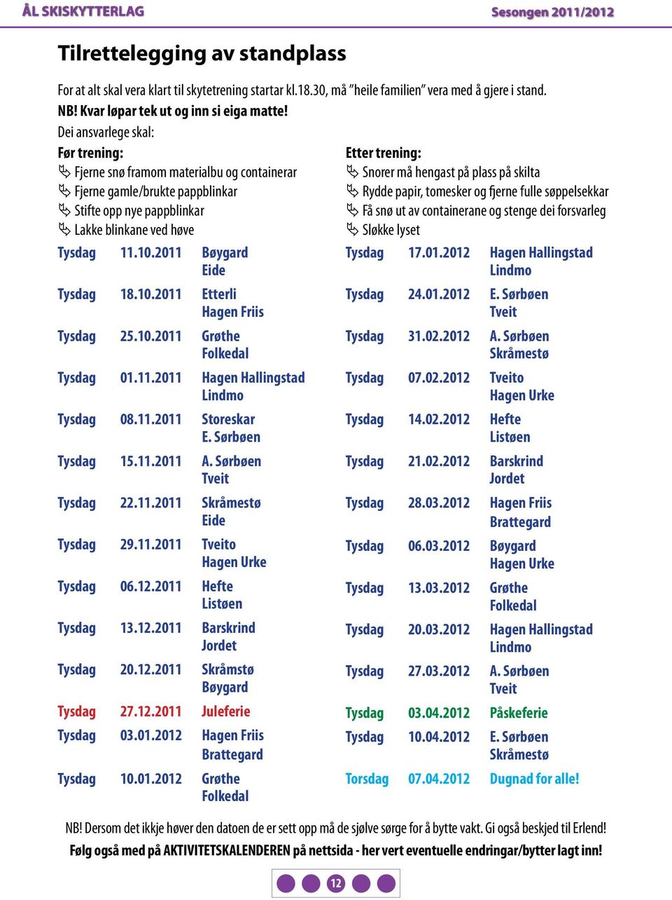 Dei ansvarlege skal: Før trening: Fjerne snø framom materialbu og containerar Fjerne gamle/brukte pappblinkar Stifte opp nye pappblinkar Lakke blinkane ved høve Tysdag 11.10.