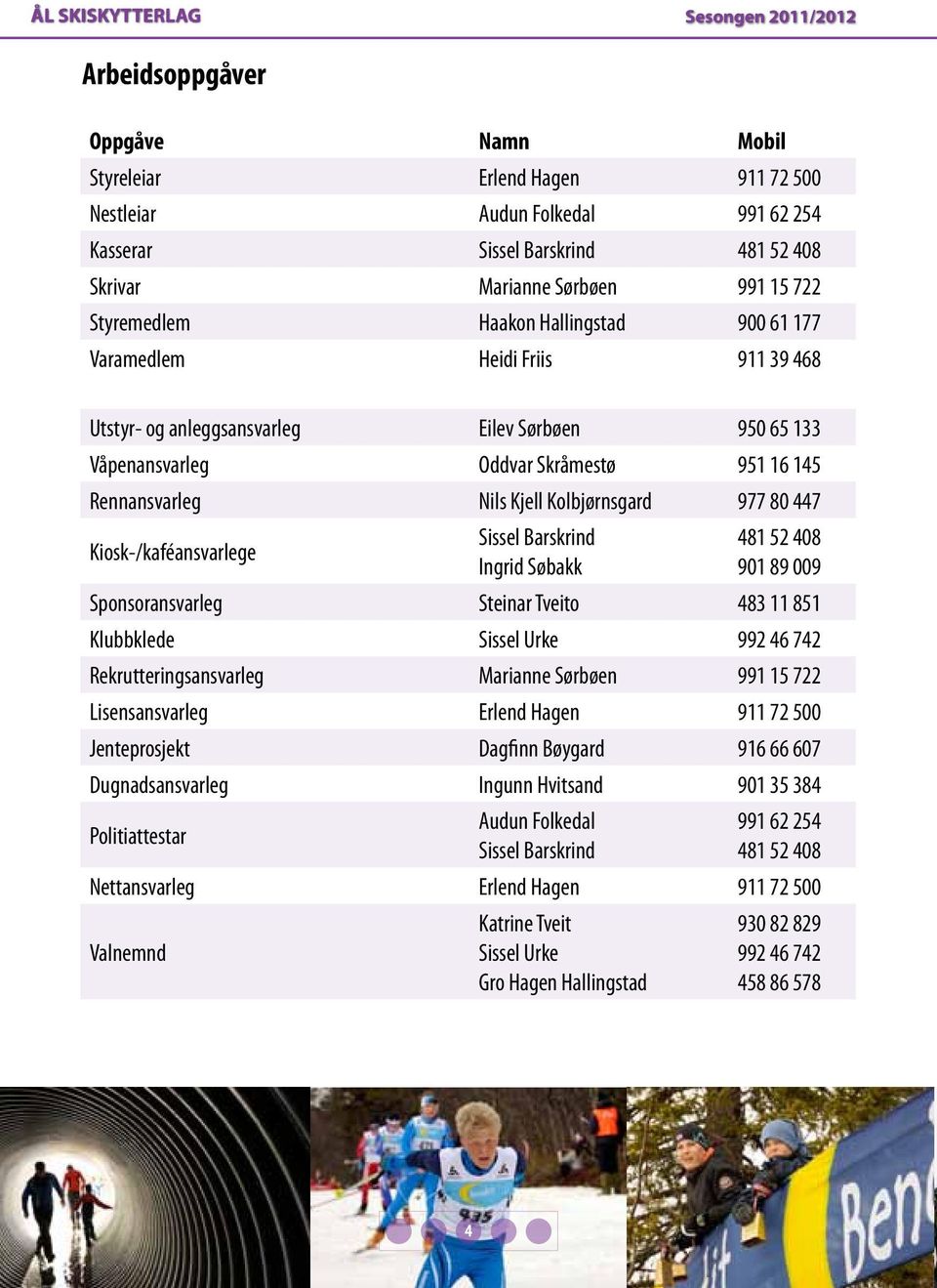 Rennansvarleg Nils Kjell Kolbjørnsgard 977 80 447 Kiosk-/kaféansvarlege Sissel Barskrind Ingrid Søbakk 481 52 408 901 89 009 Sponsoransvarleg Steinar Tveito 483 11 851 Klubbklede Sissel Urke 992 46