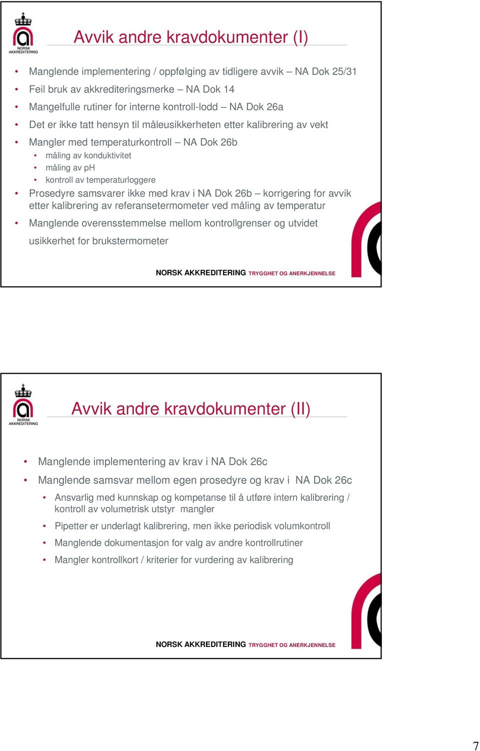 samsvarer ikke med krav i NA Dok 26b korrigering for avvik etter kalibrering av referansetermometer ved måling av temperatur Manglende overensstemmelse mellom kontrollgrenser og utvidet usikkerhet