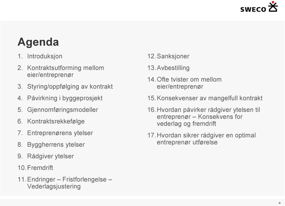 Endringer Fristforlengelse Vederlagsjustering 12.Sanksjoner 13.Avbestilling 14.Ofte tvister om mellom eier/entreprenør 15.