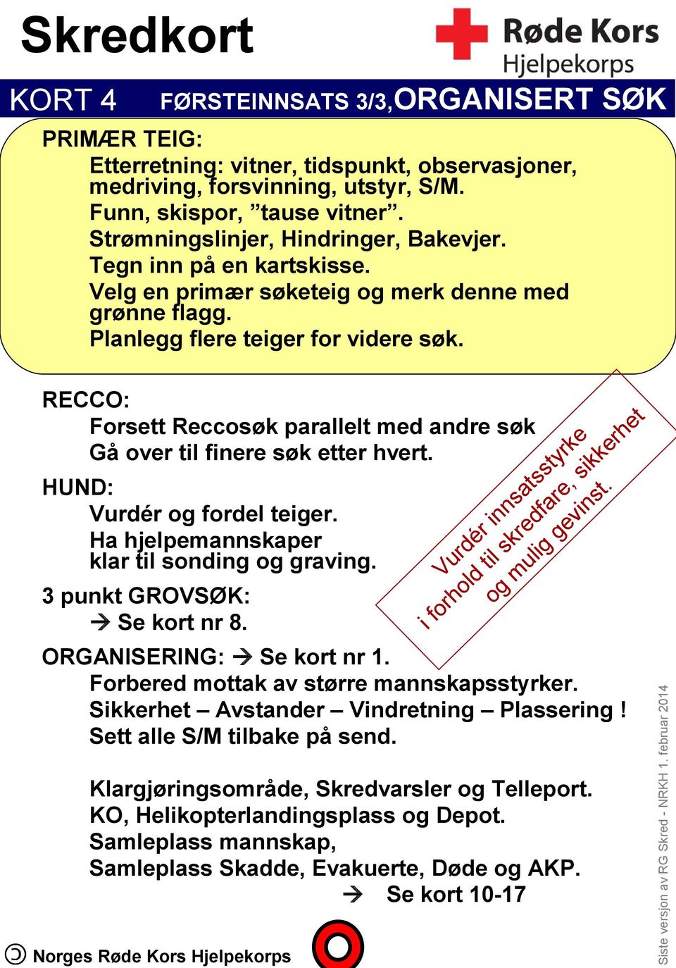 RECCO: Forsett Reccosøk parallelt med andre søk Gå over til finere søk etter hvert. HUND: Vurdér og fordel teiger. Ha hjelpemannskaper klar til sonding og graving. 3 punkt GROVSØK: Se kort nr 8.