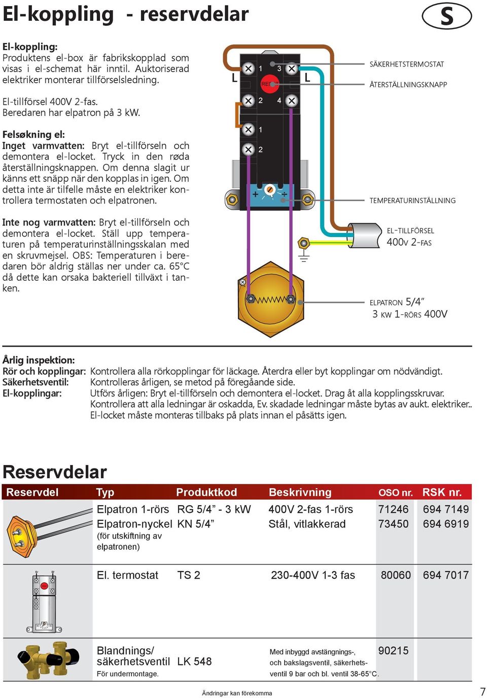 Om denna slagit ur känns ett snäpp när den kopplas in igen. Om detta inte är tilfelle måste en elektriker kontrollera termostaten och elpatronen.