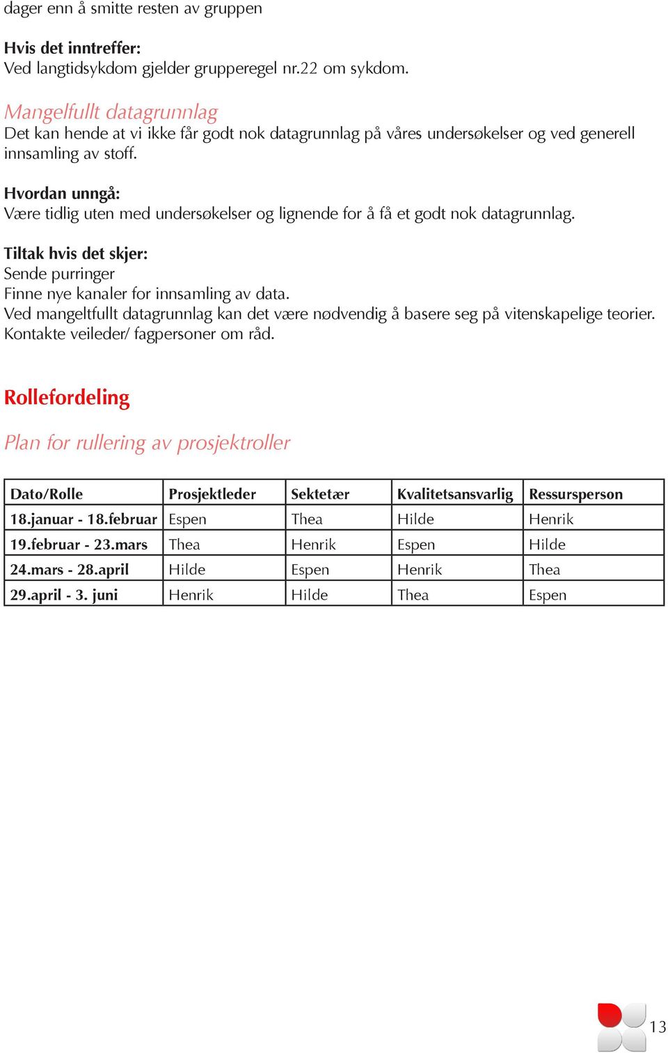 Hvordan unngå: Være tidlig uten med undersøkelser og lignende for å få et godt nok datagrunnlag. Tiltak hvis det skjer: Sende purringer Finne nye kanaler for innsamling av data.