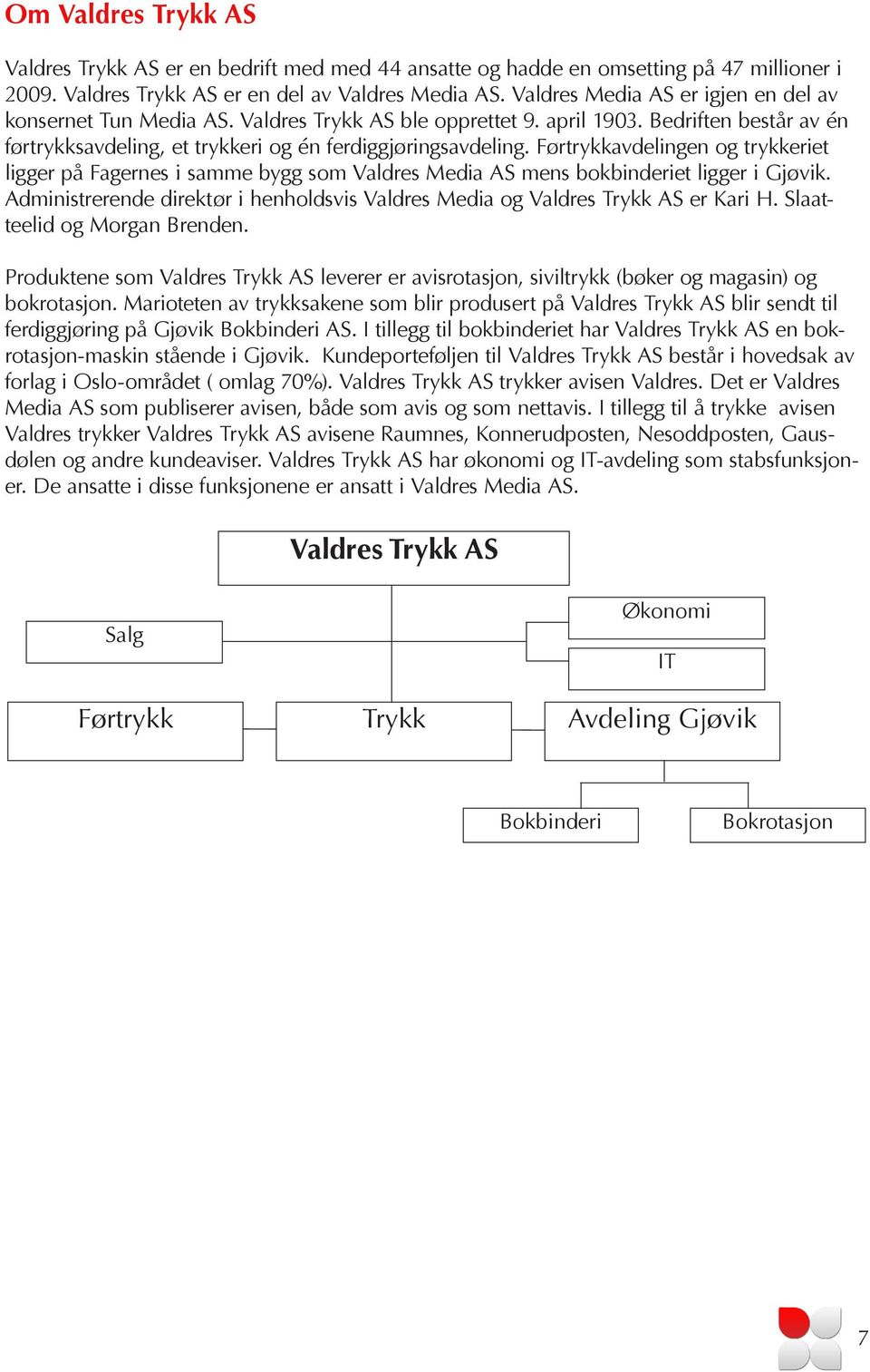 Førtrykkavdelingen og trykkeriet ligger på Fagernes i samme bygg som Valdres Media AS mens bokbinderiet ligger i Gjøvik.