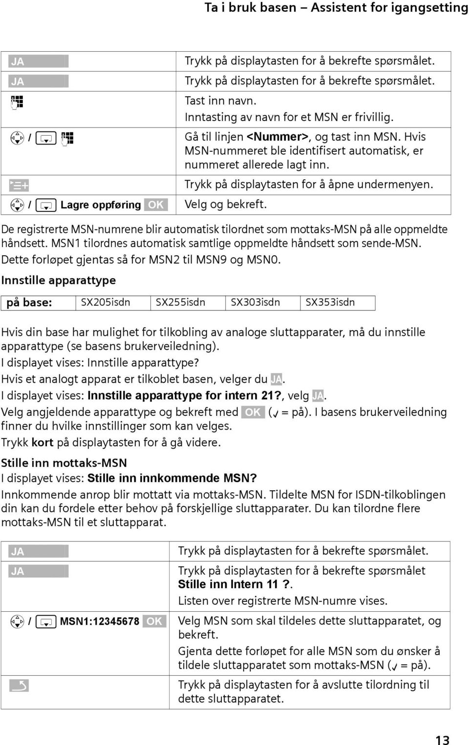 s / s ~ Í s / s Lagre oppføring Gå til linjen <Nummer>, og tast inn MSN. Hvis MSN-nummeret ble identifisert automatisk, er nummeret allerede lagt inn. Trykk på displaytasten for å åpne undermenyen.