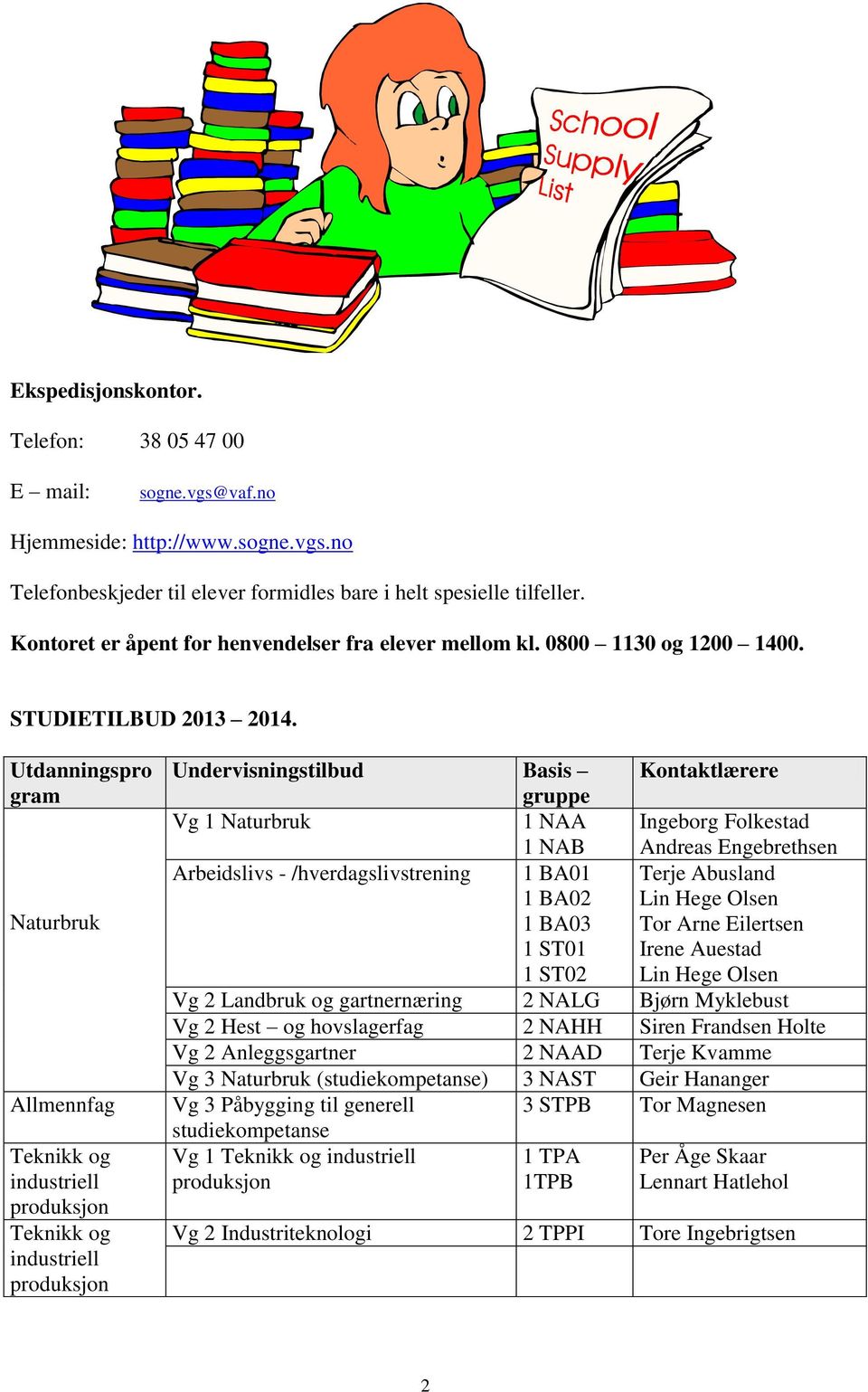 Utdanningspro gram Naturbruk Allmennfag Teknikk og industriell produksjon Teknikk og industriell produksjon Undervisningstilbud Basis gruppe Kontaktlærere Vg 1 Naturbruk 1 NAA Ingeborg Folkestad 1