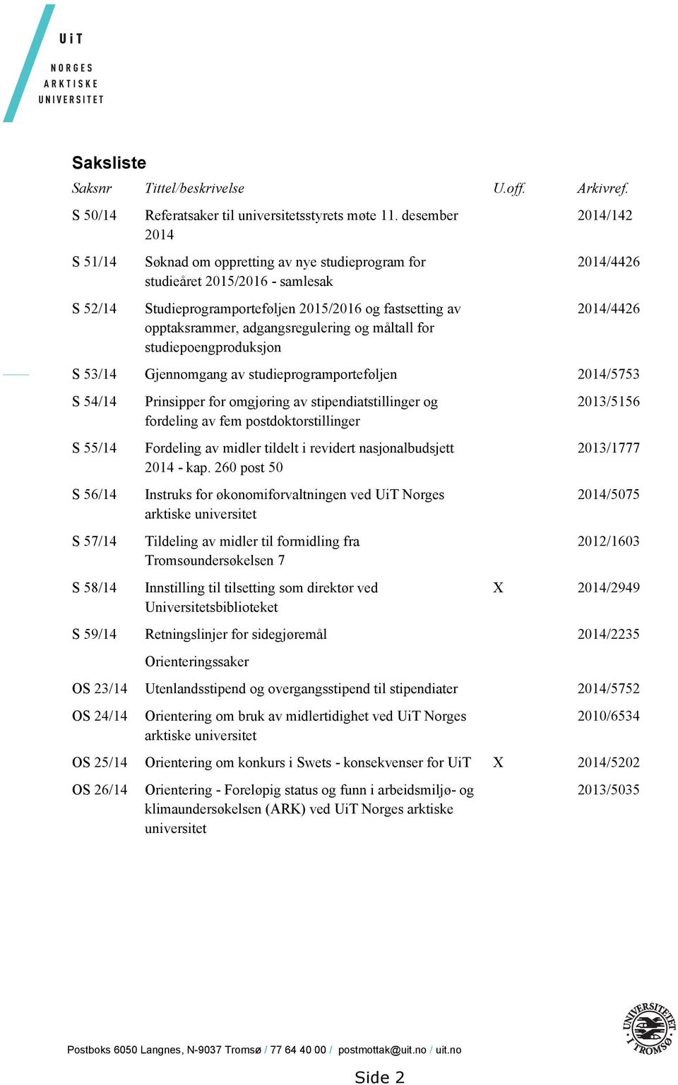 studiepoengproduksjon 2014/142 2014/4426 2014/4426 S 53/14 Gjennomgang av studieprogramporteføljen 2014/5753 S 54/14 S 55/14 S 56/14 S 57/14 S 58/14 Prinsipper for omgjøring av stipendiatstillinger