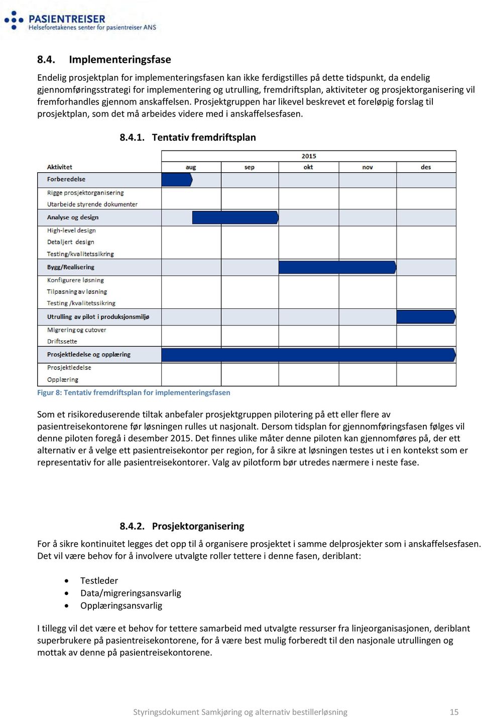 Prosjektgruppen har likevel beskrevet et foreløpig forslag til prosjektplan, som det må arbeides videre med i anskaffelsesfasen. 8.4.1.