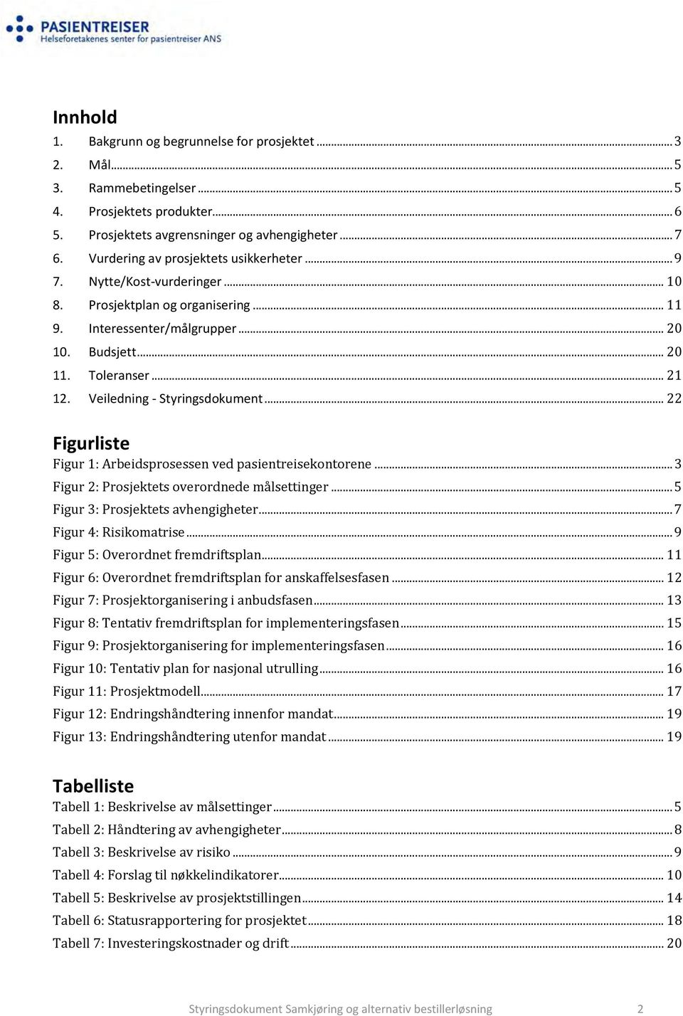 Veiledning - Styringsdokument... 22 Figurliste Figur 1: Arbeidsprosessen ved pasientreisekontorene... 3 Figur 2: Prosjektets overordnede målsettinger... 5 Figur 3: Prosjektets avhengigheter.