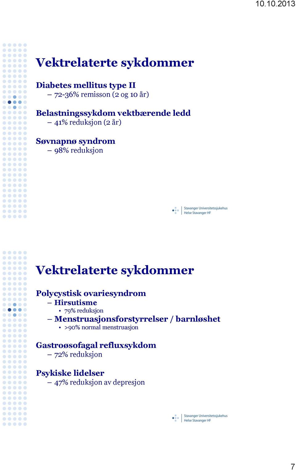 Polycystisk ovariesyndrom Hirsutisme 79% reduksjon Menstruasjonsforstyrrelser / barnløshet >90%