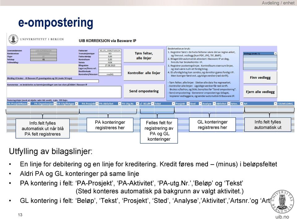 Kredit føres med (minus) i beløpsfeltet Aldri PA og GL konteringer på same linje PA kontering i felt: PA-Prosjekt, PA-Aktivitet, PA-utg.Nr.