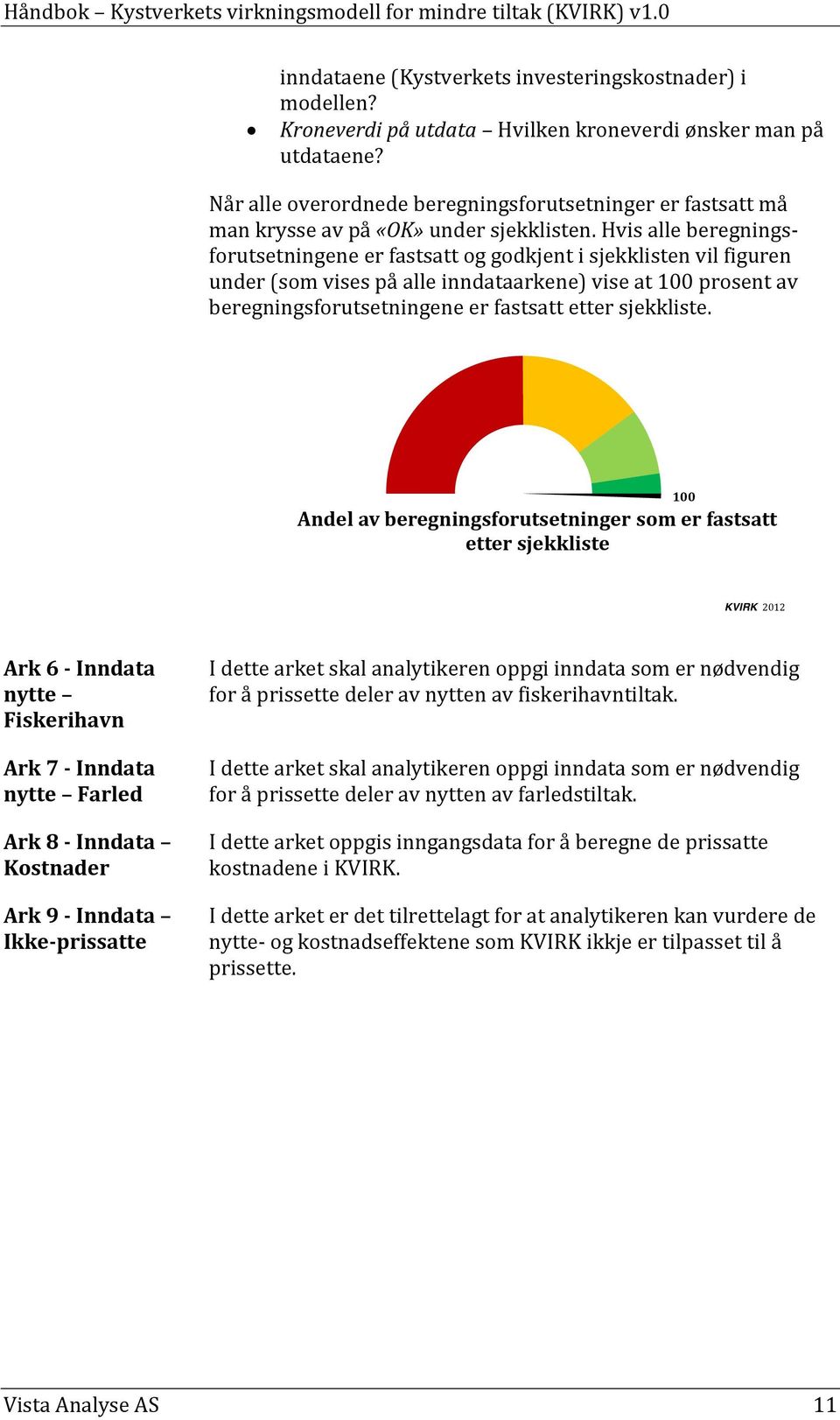 Hvis alle beregningsforutsetningene er fastsatt og godkjent i sjekklisten vil figuren under (som vises på alle inndataarkene) vise at 100 prosent av beregningsforutsetningene er fastsatt etter