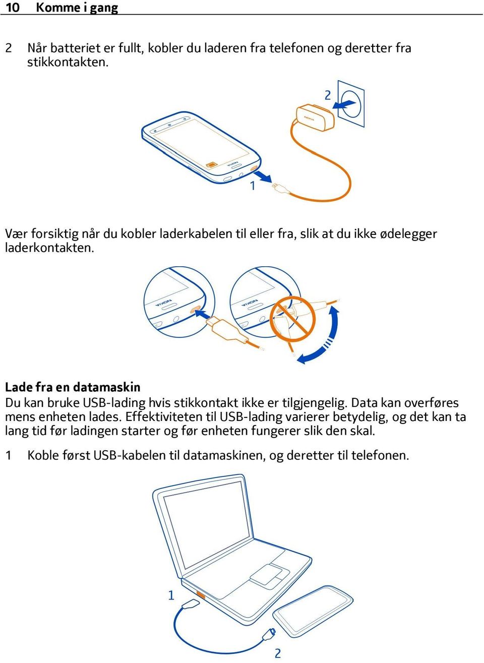 Lade fra en datamaskin Du kan bruke USB-lading hvis stikkontakt ikke er tilgjengelig. Data kan overføres mens enheten lades.