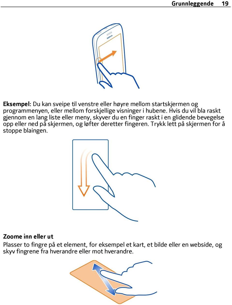 Hvis du vil bla raskt gjennom en lang liste eller meny, skyver du en finger raskt i en glidende bevegelse opp eller ned på