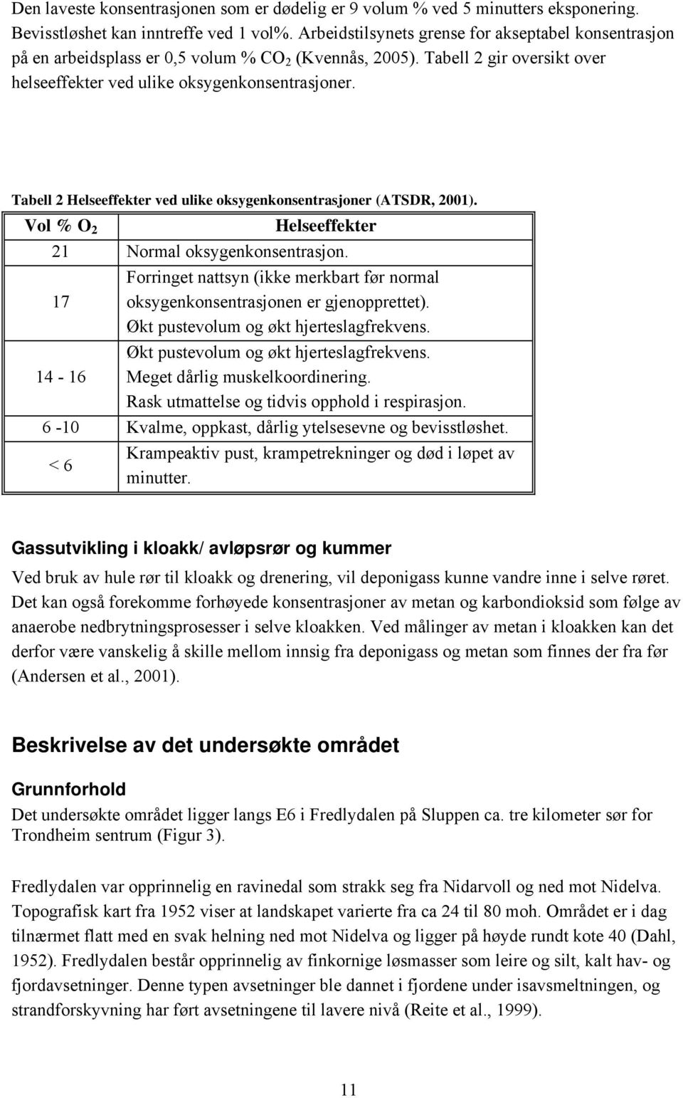 Tabell 2 Helseeffekter ved ulike oksygenkonsentrasjoner ( ATSDR, 2001). Vol % O 2 Helseeffekter 21 Normal oksygenkonsentrasjon.