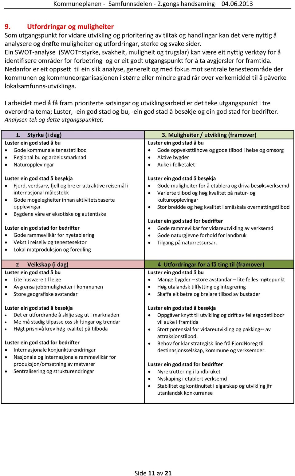 Ein SWOT-analyse (SWOT=styrke, svakheit, muligheit og trugslar) kan være eit nyttig verktøy for å identifisere områder for forbetring og er eit godt utgangspunkt for å ta avgjersler for framtida.