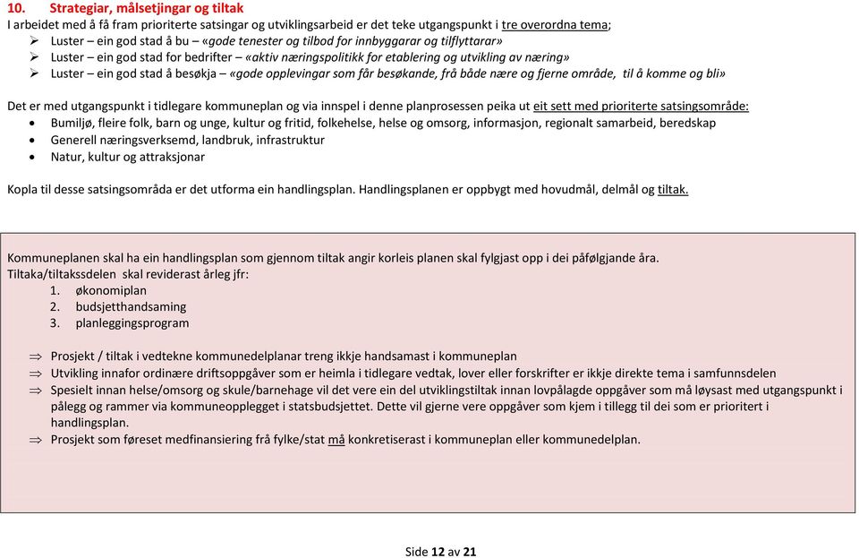 besøkande, frå både nære og fjerne område, til å komme og bli» Det er med utgangspunkt i tidlegare kommuneplan og via innspel i denne planprosessen peika ut eit sett med prioriterte satsingsområde: