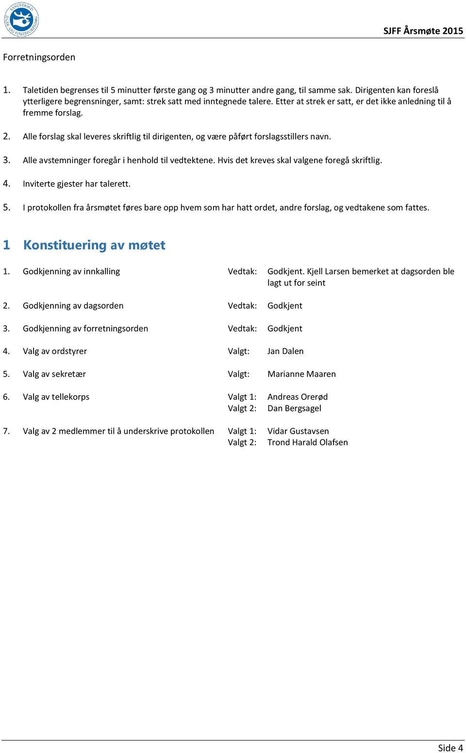 Alle avstemninger foregår i henhold til vedtektene. Hvis det kreves skal valgene foregå skriftlig. 4. Inviterte gjester har talerett. 5.