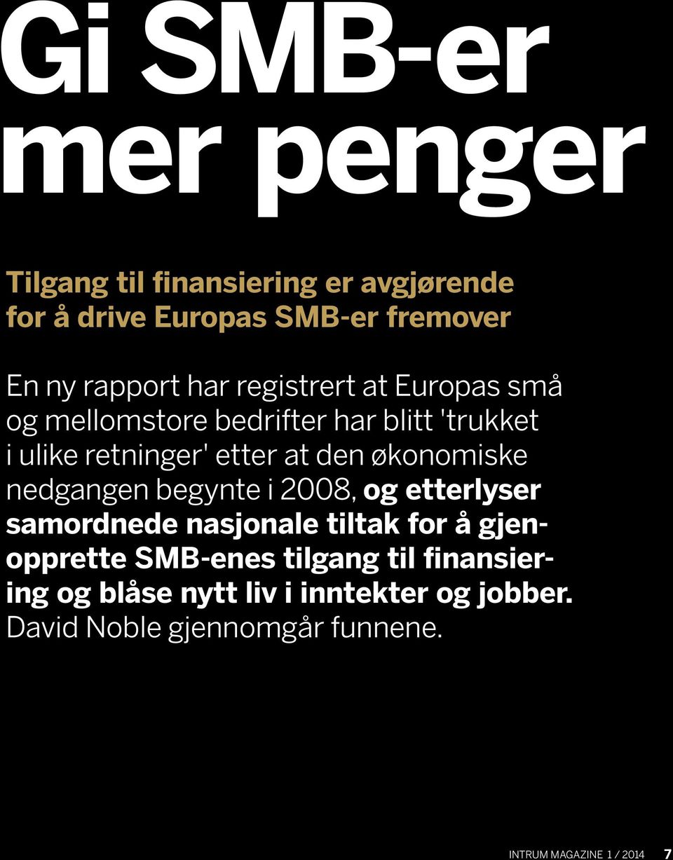 økonomiske nedgangen begynte i 2008, og etterlyser samordnede nasjonale tiltak for å gjenopprette SMB-enes