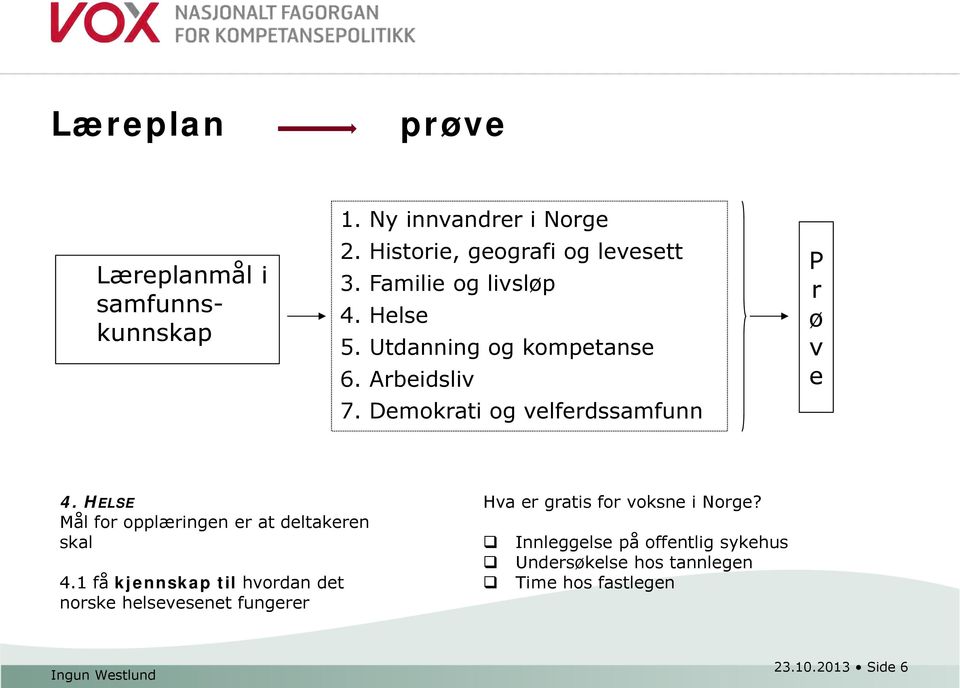 HELSE Mål for opplæringen er at deltakeren skal 4.