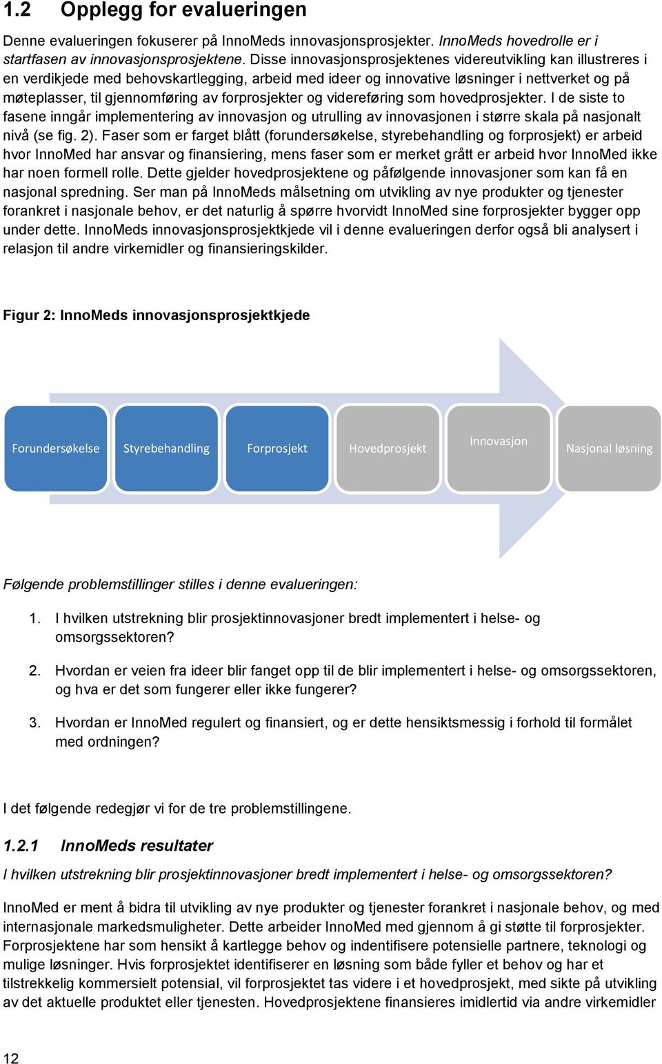 forprosjekter og videreføring som hovedprosjekter. I de siste to fasene inngår implementering av innovasjon og utrulling av innovasjonen i større skala på nasjonalt nivå (se fig. 2).