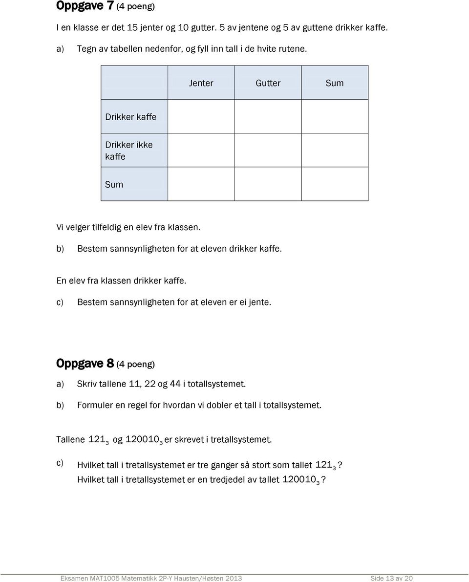 c) Bestem sannsynligheten for at eleven er ei jente. Oppgave 8 (4 poeng) a) Skriv tallene 11, 22 og 44 i totallsystemet. b) Formuler en regel for hvordan vi dobler et tall i totallsystemet.