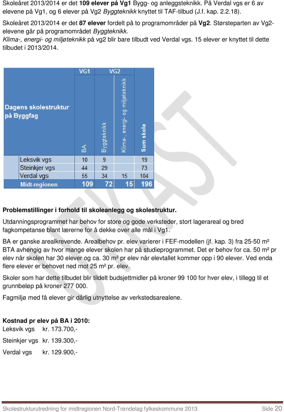 Klima-, energi- og miljøteknikk på vg2 blir bare tilbudt ved Verdal vgs. 15 elever er knyttet til dette tilbudet i 2013/2014. Problemstillinger i forhold til skoleanlegg og skolestruktur.