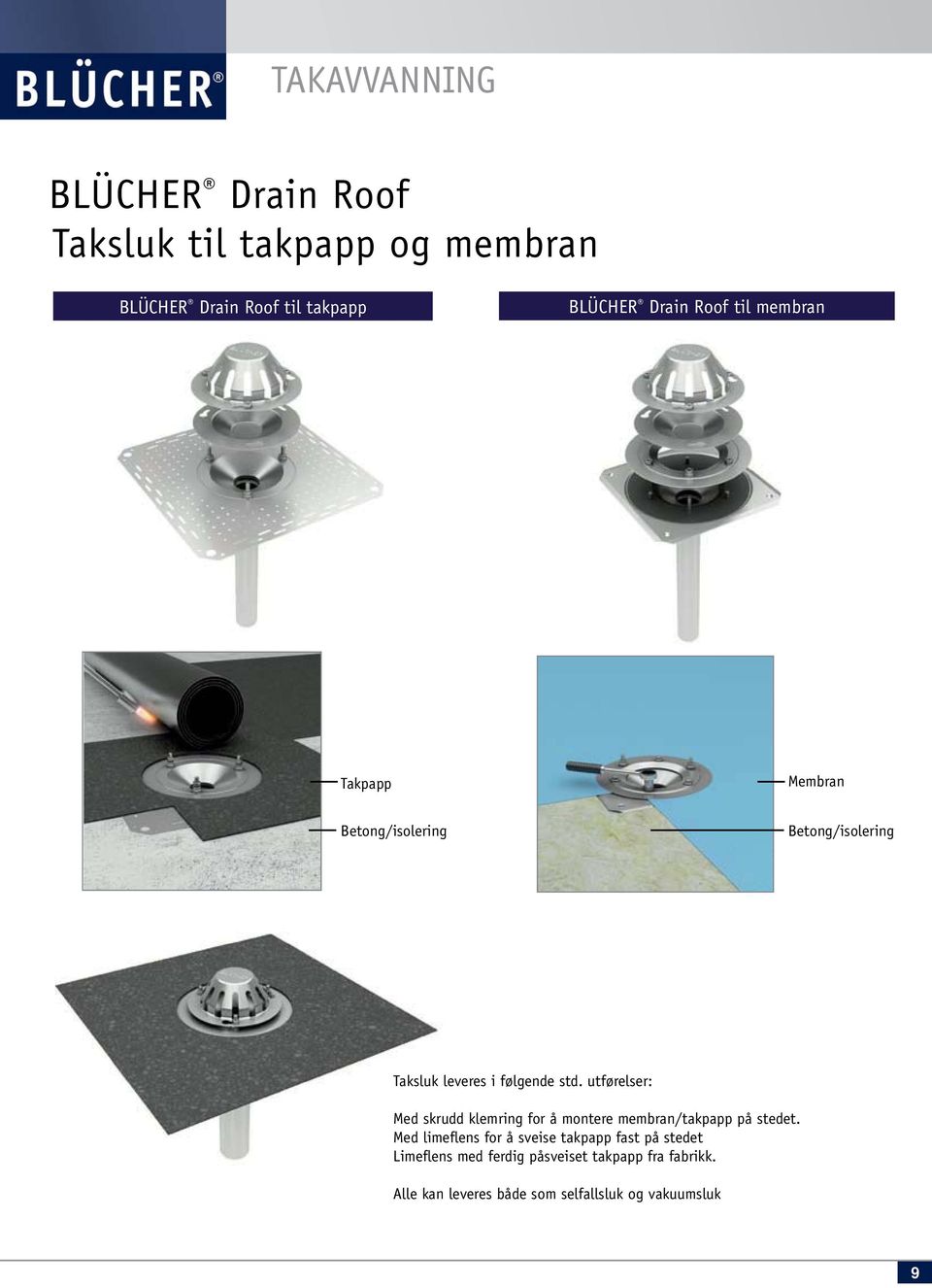 utførelser: Med skrudd klemring for å montere membran/takpapp på stedet.