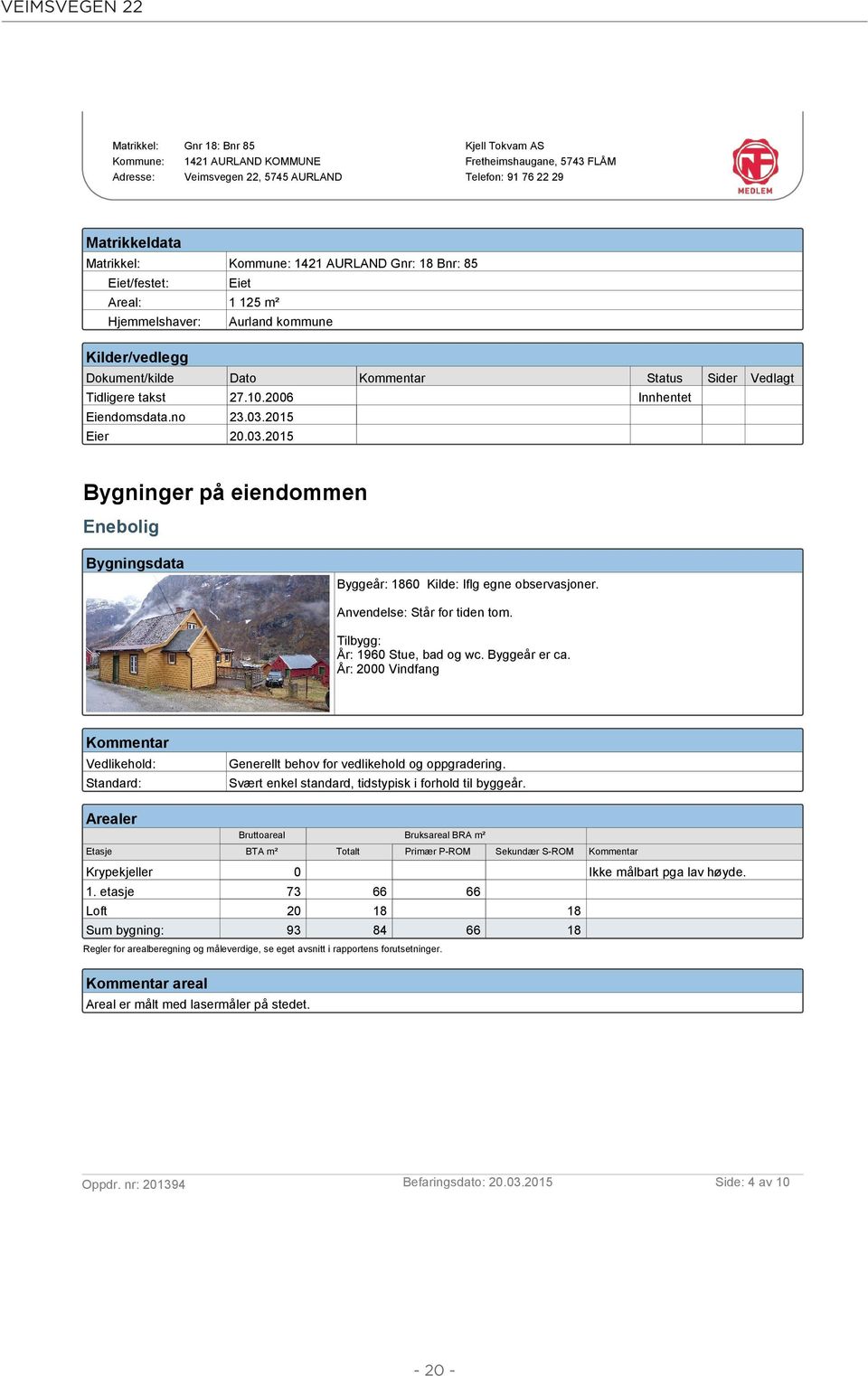 2006 Innhentet Eiendomsdata.no 23.03.2015 Eier 20.03.2015 Bygninger på eiendommen Enebolig Bygningsdata Byggeår: 1860 Kilde: Iflg egne observasjoner. Anvendelse: Står for tiden tom.